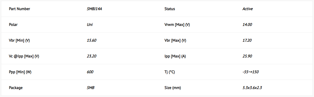 SMBJ14A 单向TVS管 贴片TVS二极管 电性参数表
