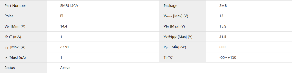 SMBJ13CA TVS diode SMD TVS Diodes parameter