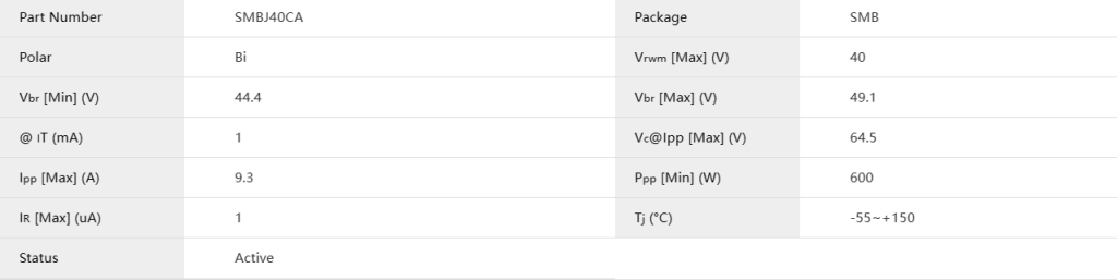 SMBJ40CA TVS diode SMD TVS Diodes parameter