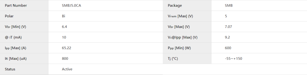 SMBJ5.0CA TVS diode SMD TVS Diodes parameter
