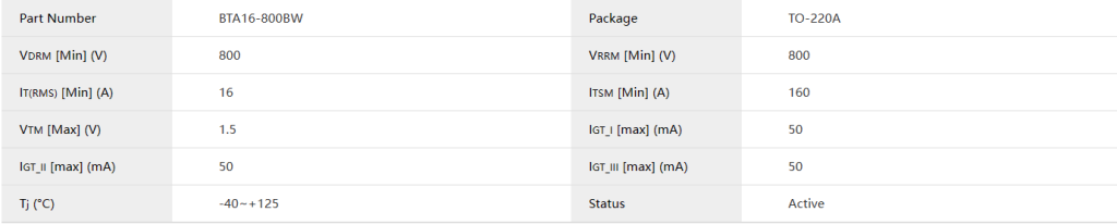 BTA16-800BW Standard Bidirectional Thyristor parameter