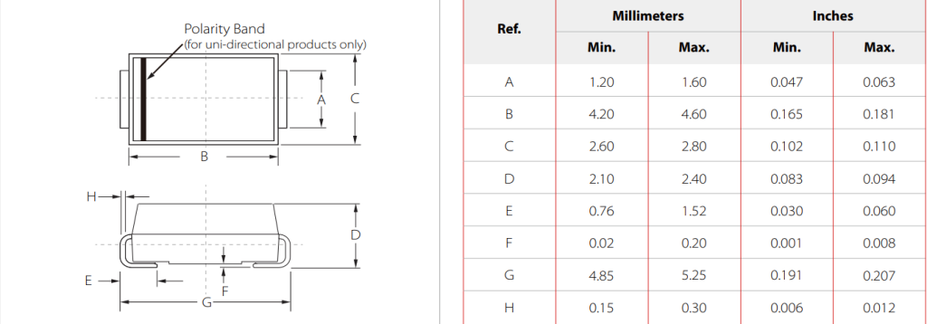 SMAJ15CA TVS diode SMD TVS Diodes Package dimension