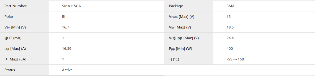 SMAJ15CA TVS diode SMD TVS Diodes parameter