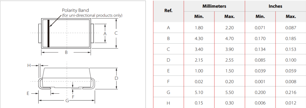 SMBJ20CA TVS diode SMD TVS Diodes Package dimension