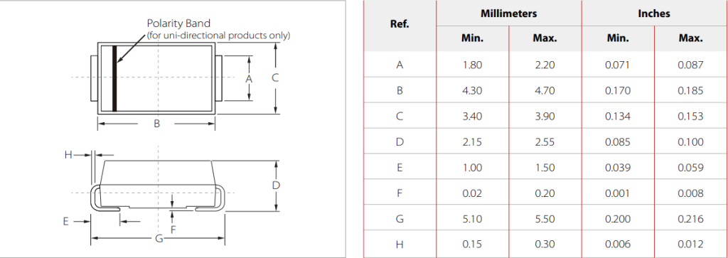 SMBJ33CA TVS diode SMD TVS Diodes Package dimension